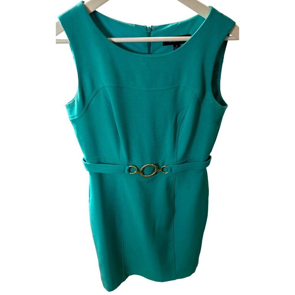 Chetta B Green / Turquoise sleeveless dress with waist belt gold center piece